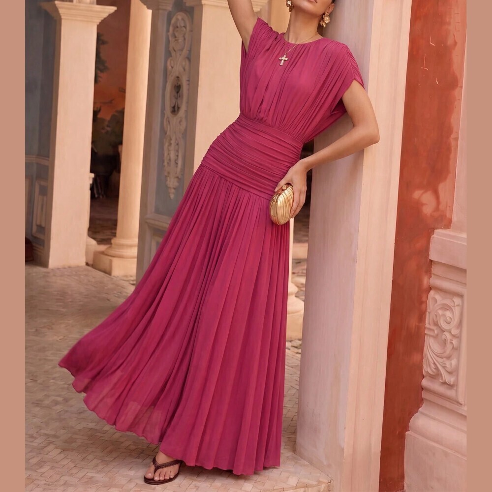 Rose Pink Ruched Round Neck Cap Sleeve Pleated Maxi Dress
